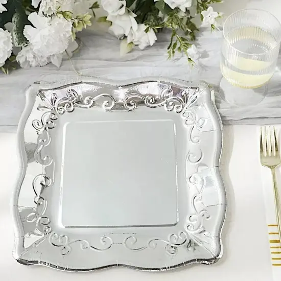 25 SILVER 11" Square Paper Dessert Dinner PLATES Scroll Design {6}