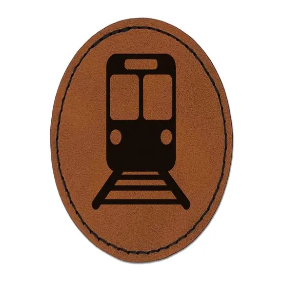 Train Tram Rail Railway Station Icon Round Iron-On Engraved Faux Leather Patch Applique - 2.5" Brown {1}