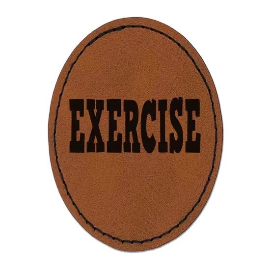 Exercise Fun Text Round Iron-On Engraved Faux Leather Patch Applique - 2.5" Brown {1}