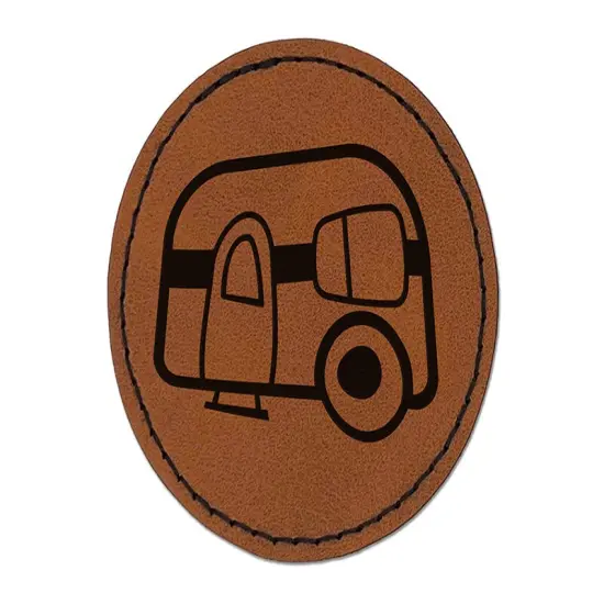 Camper Doodle Round Iron-On Engraved Faux Leather Patch Applique - 2.5" Brown {1}