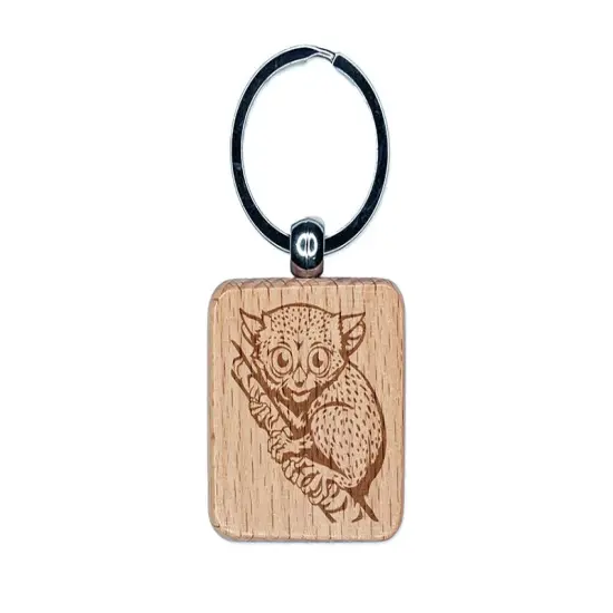 Tiny Primate Tarsier Engraved Wood Square Keychain Tag Charm {1}