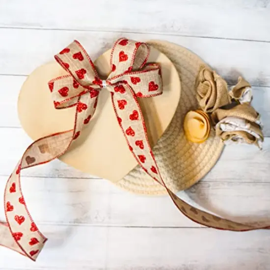 1.5" x 20 Yards x 1 Roll Faux Jute with Red Glitter Heart Wired Ribbon for Home Decor, Gift Wrapping, DIY Crafts {3}