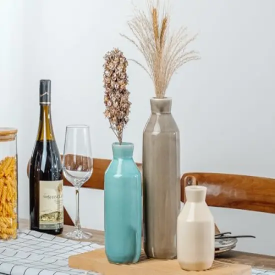 3 Pieces Flower Vase for Living Room Decor, Ceramic Vase for Farmhouse D&eacute;cor, Vases for Home D&eacute;cor, Shelf, Tall Ceramic Vase for Centerpiece Table Decorations, Grey&Peacock Blue&Off White {6}