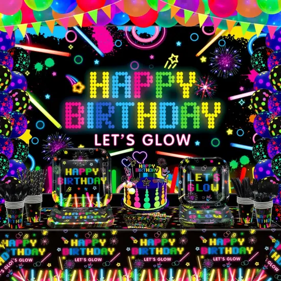 Glow Neon Party Supplies Neon Glow Plate Set Neon Balloon Glow in the Dark Happy Birthday Backdrop Glow Birthday Blacklight Party Decoration Neon Glow Birthday Tableware {1}