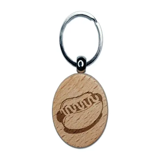 Hotdog Wiener Bun Ketchup Mustard Engraved Wood Round Keychain Tag Charm {1}