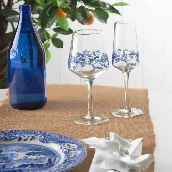 Spode Blue Italian Glass Champagne Flutes, Iconic Design, 8 oz, 4 Set Blue White {2}