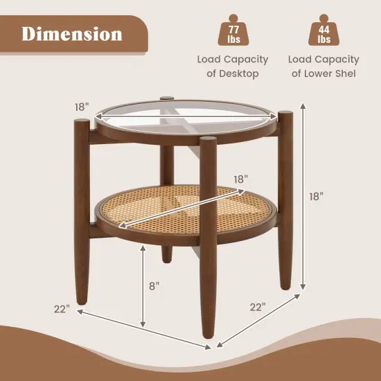 Rattan Round Side End Table With Tempered Glass Tabletop {5}
