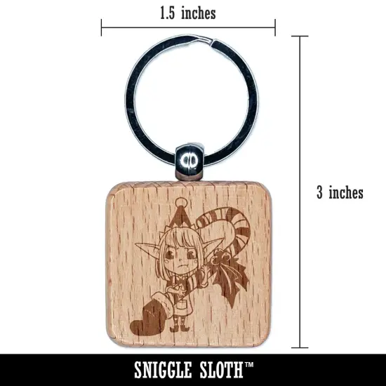 Christmas Elf with Stocking and Candy Cane Engraved Wood Square Keychain Tag Charm {2}