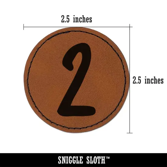 Number 2 Two Felt Marker Font Round Iron-On Engraved Faux Leather Patch Applique - 2.5" Brown {3}