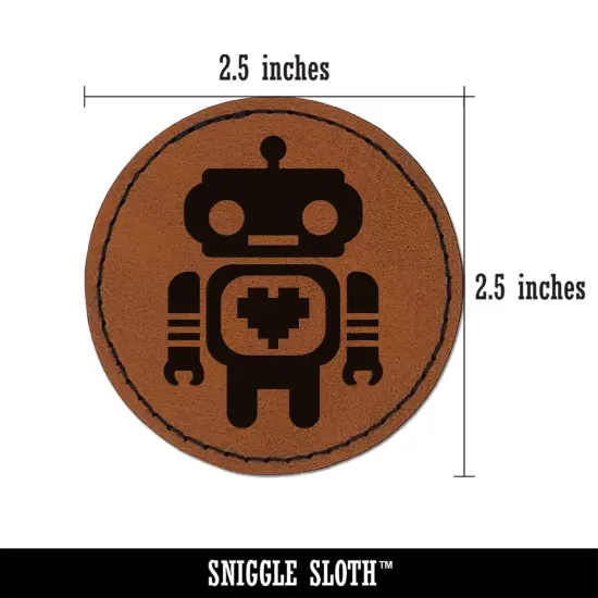 Cute Little Robot with a Heart Round Iron-On Engraved Faux Leather Patch Applique - 2.5" Brown {3}