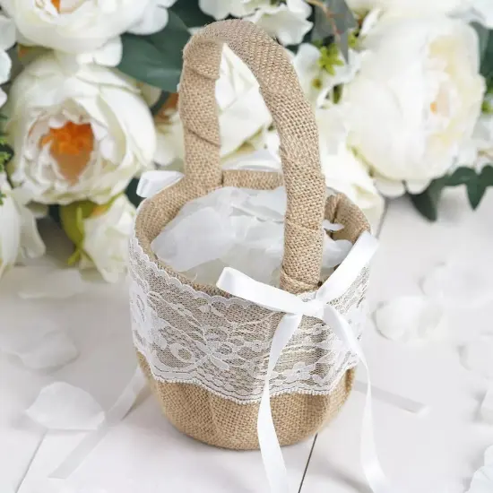 Natural Burlap with Satin Ribbon Lace Flower Girl Basket {3}