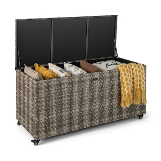 96 Gallon PE Wicker Outdoor Storage Box with 4 Wheels Grey {3}