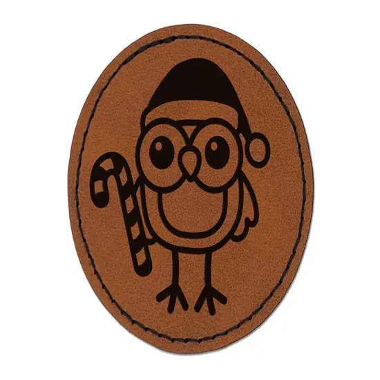 Christmas Owl with Candy Cane Round Iron-On Engraved Faux Leather Patch Applique - 2.5" Brown {1}