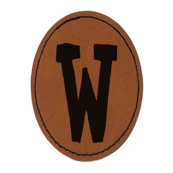 Letter W Uppercase Cute Typewriter Font Round Iron-On Engraved Faux Leather Patch Applique - 2.5" Brown {1}