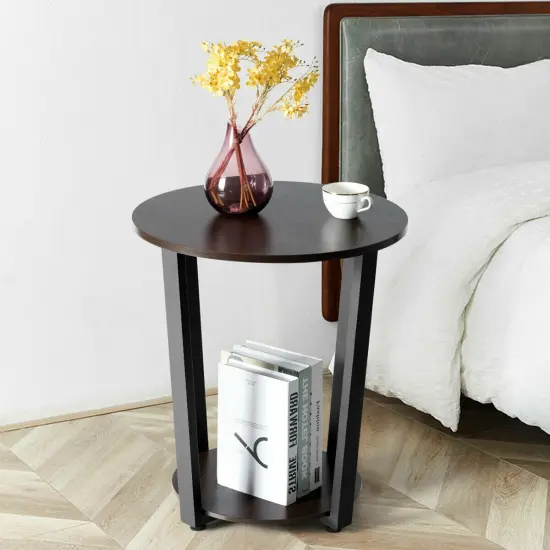 2-tier Round End Table with Storage Shelf and Metal Frame Walnut {5}
