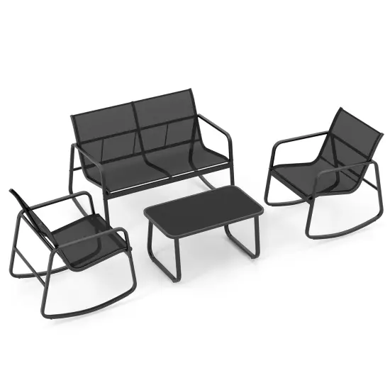 4 Piece Patio Rocking Set With Glass-top Table-Black {3}