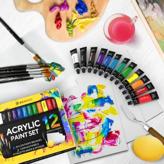Acrylic Paint Set for Kids, Artists and Adults - 12 Vibrant Colors, 6 Brushes and 3 Paint Canvases - Perfect for Beginners or Professionals {5}
