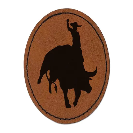 Rodeo Cowboy Riding on Bucking Bull Round Iron-On Engraved Faux Leather Patch Applique - 2.5" Brown {1}