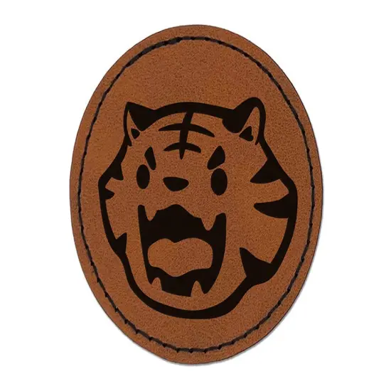 Cute and Fierce Tiger Head Round Iron-On Engraved Faux Leather Patch Applique - 2.5" Brown {1}
