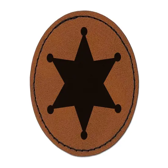 Sheriff Policeman Badge Round Iron-On Engraved Faux Leather Patch Applique - 2.5" Brown {1}