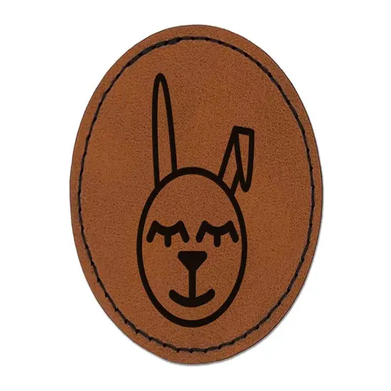Cute Easter Bunny Face Round Iron-On Engraved Faux Leather Patch Applique - 2.5" Brown {1}