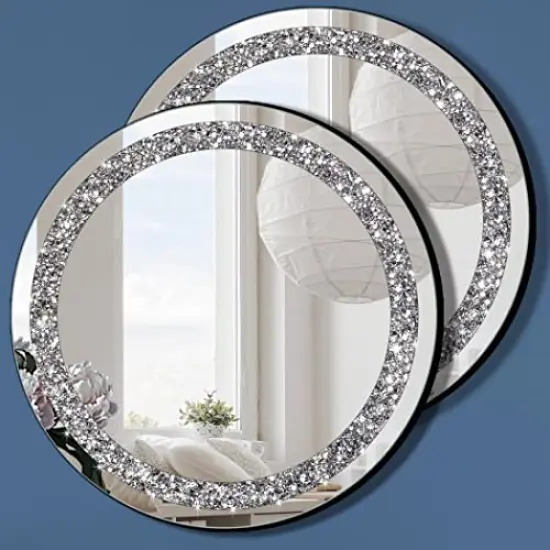 2 Pack Crystal Crush Diamond Silver Mirror Diameter 12 inch Round Shape with Iron Chain Real Glass Mirror for Wall Decor {2}