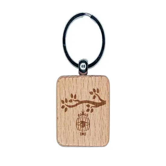 Bird Cage on Tree Branch Engraved Wood Square Keychain Tag Charm {1}