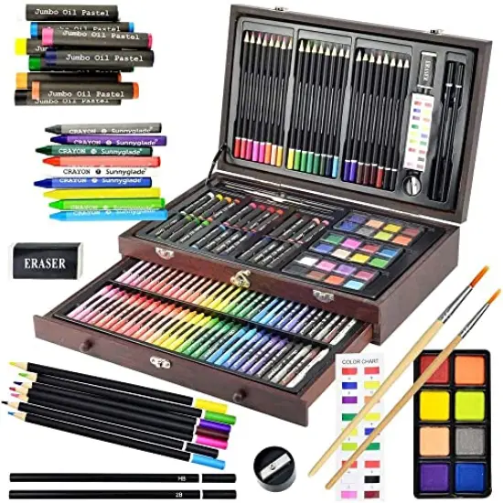 145 Piece Deluxe Art Set, Wooden Box & Drawing Kit with Crayons, Oil Pastels, Colored Pencils, Watercolor Cakes, Sketch Pencils, Paint Brush, Sharpener, Eraser, Color Chart (Cherry) {2}