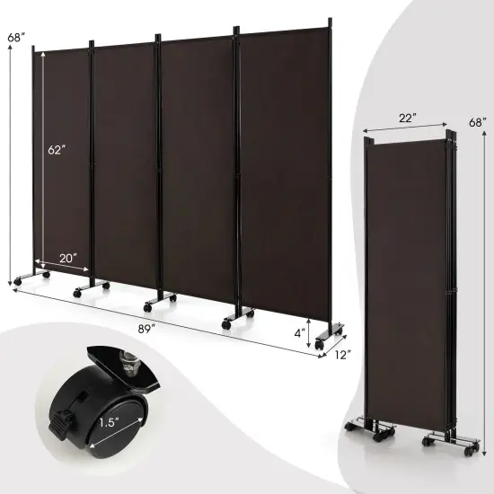 4-Panel Folding Room Divider 6 Feet Rolling Privacy Screen with Lockable Wheels Brown {4}