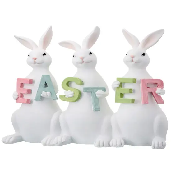 8" Easter Bunny Trio Figurine &ndash; Pastel Letter Holding Rabbits Spring Decoration {1}