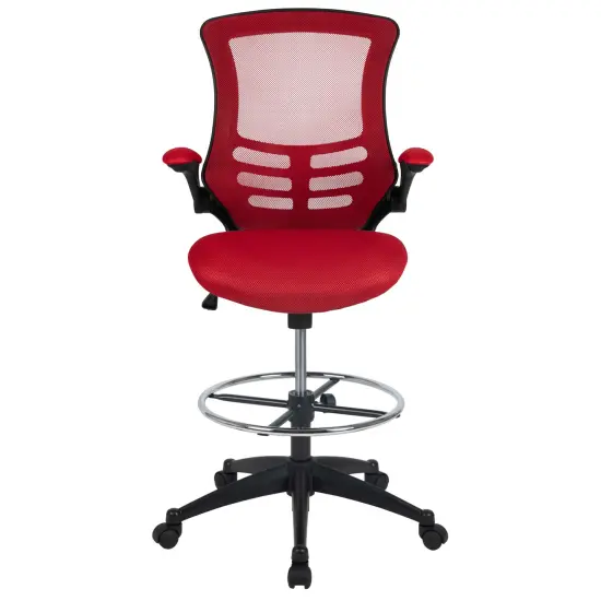 Emma and Oliver Mid-Back Mesh Ergonomic Drafting Chair with Foot Ring and Flip-Up Arms Red Mesh/Black Frame {3}