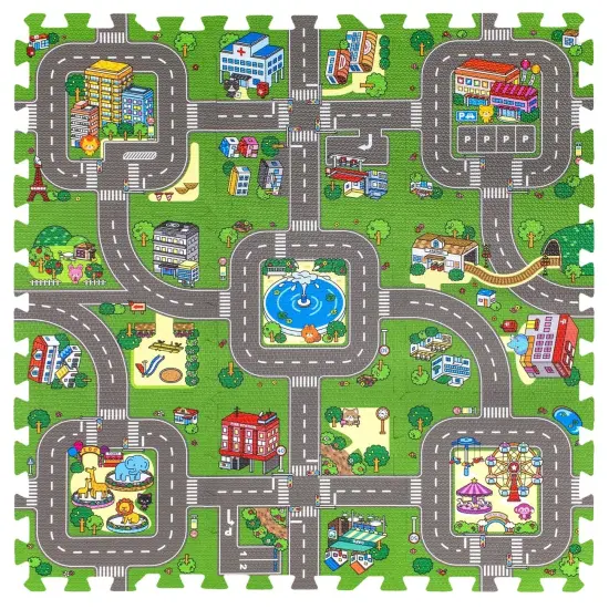 Sorbus Interlocking Traffic Puzzle Play Mat - Fun for bedroom, playroom, nursery, indoor playground, interactive display, and more (9 Tiles) {3}