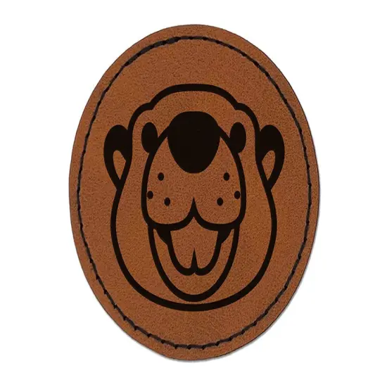 Cute Toothy Beaver Head Round Iron-On Engraved Faux Leather Patch Applique - 2.5" Brown {1}