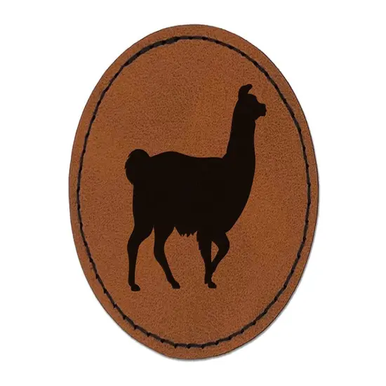 Llama Silhouette Round Iron-On Engraved Faux Leather Patch Applique - 2.5" Brown {1}
