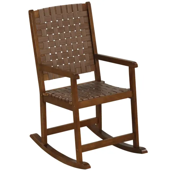 Patio Wood Rocking Chair With Pu Seat And Rubber Wood Frame-Brown {3}