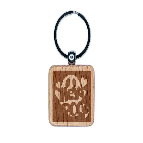 Hey Boo Ghost Halloween Engraved Wood Square Keychain Tag Charm {1}