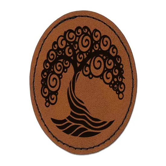 Abstract Tree of Life Round Iron-On Engraved Faux Leather Patch Applique - 2.5" Brown {1}