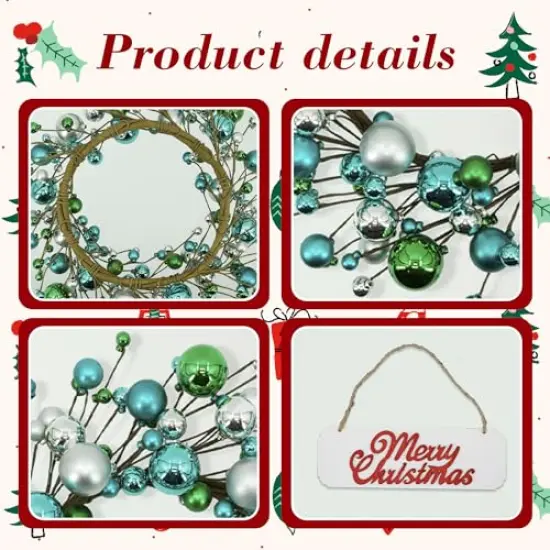 20 inches Christmas Winter Wreath for Front Door, Artificial Door Wreath with Welcome Sign and Ornaments, Xmas Wreath for Window Wall Fireplace Farmhouse Holiday Party Decoration {6}