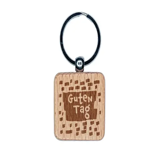 Guten Tag Hello German Doodle Engraved Wood Square Keychain Tag Charm {1}