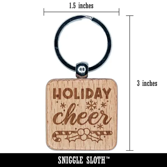 Christmas Holiday Cheer Candy Cane and Holly Engraved Wood Square Keychain Tag Charm {2}