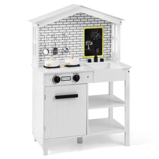 Kids Wooden Kitchen Play Set With Storage Shelves And Accessories-white {3}