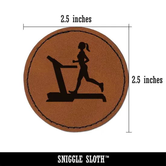 Woman Running on Treadmill Cardio Workout Gym Round Iron-On Engraved Faux Leather Patch Applique - 2.5" Brown {2}