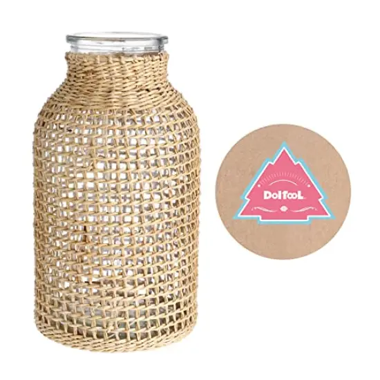 Boho Glass Flower Vase with Rattan Cover, Farmhouse Flower Bud Vase, Round Decorative Flower Vase Floral Container Flower Bottle for Floral Arrangements Housewarming Party Home Decor (L) {4}