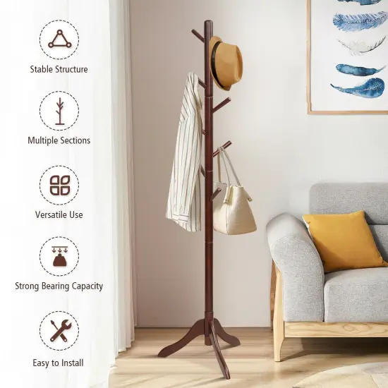 Adjustable Wooden Tree Coat Rack with 8 Hooks Brown {3}