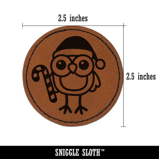Christmas Owl with Candy Cane Round Iron-On Engraved Faux Leather Patch Applique - 2.5" Brown {3}