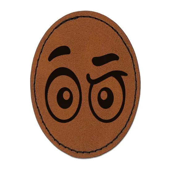 Cartoon Eyes Raised Brow Concerned Confused Judging Round Iron-On Engraved Faux Leather Patch Applique - 2.5" Brown {1}