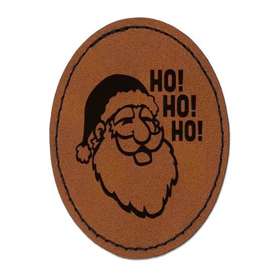 Christmas Santa Claus Saying Ho Ho Ho Round Iron-On Engraved Faux Leather Patch Applique - 2.5" Brown {1}