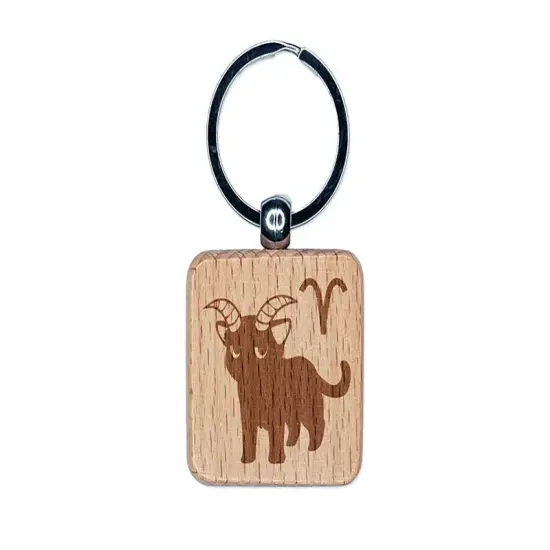 Astrological Cat Aries Horoscope Zodiac Sign Engraved Wood Square Keychain Tag Charm {1}