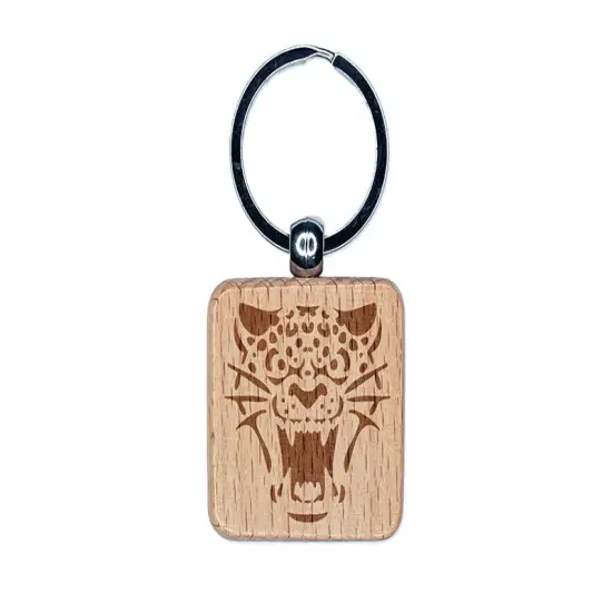 Ferocious Snarling Leopard Jaguar Jungle Cat Engraved Wood Square Keychain Tag Charm {1}