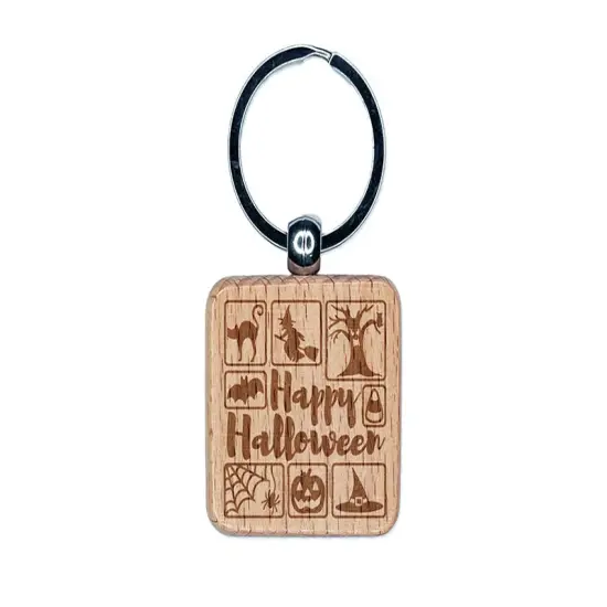 Happy Halloween Icons Bat Cat Hat Spider Engraved Wood Square Keychain Tag Charm {1}